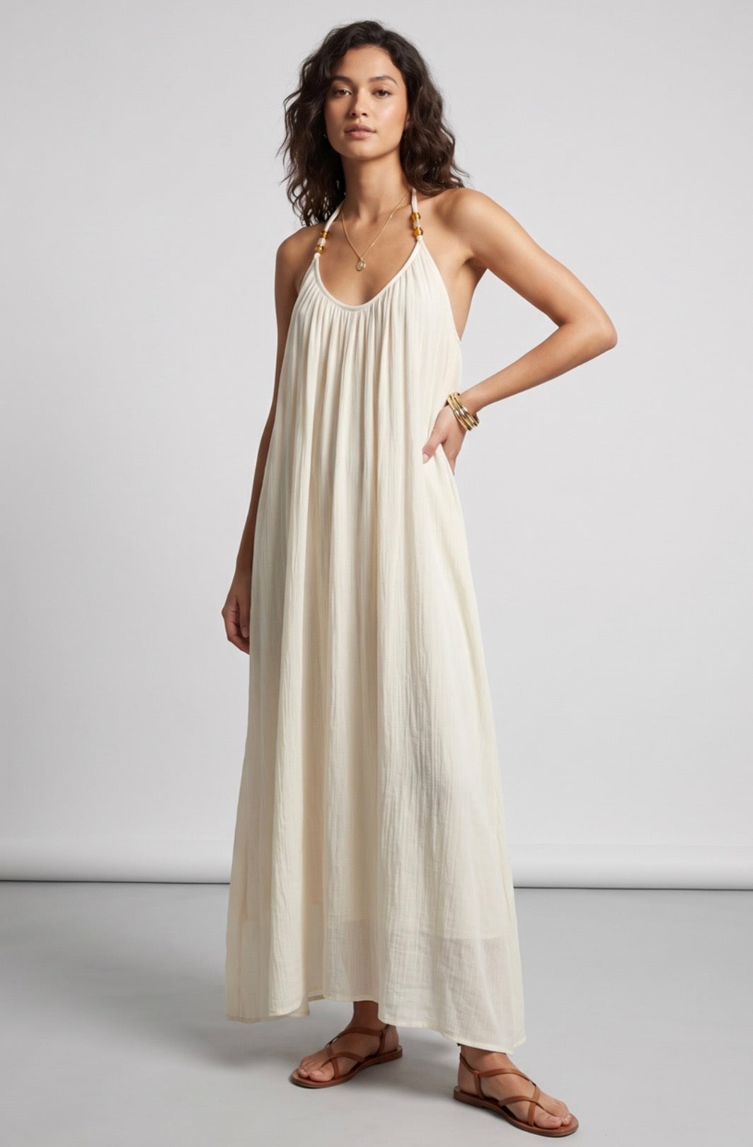 Beaded Halter Maxi Dress - Cream