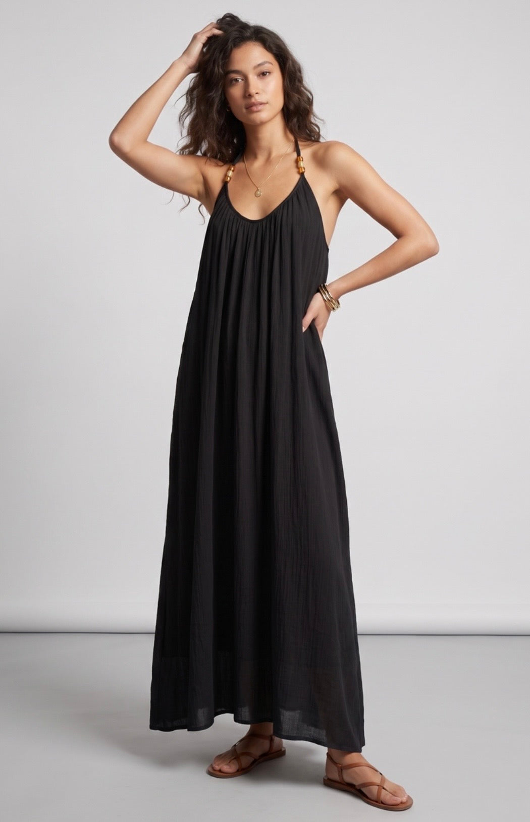Beaded Halter Maxi Dress - Black