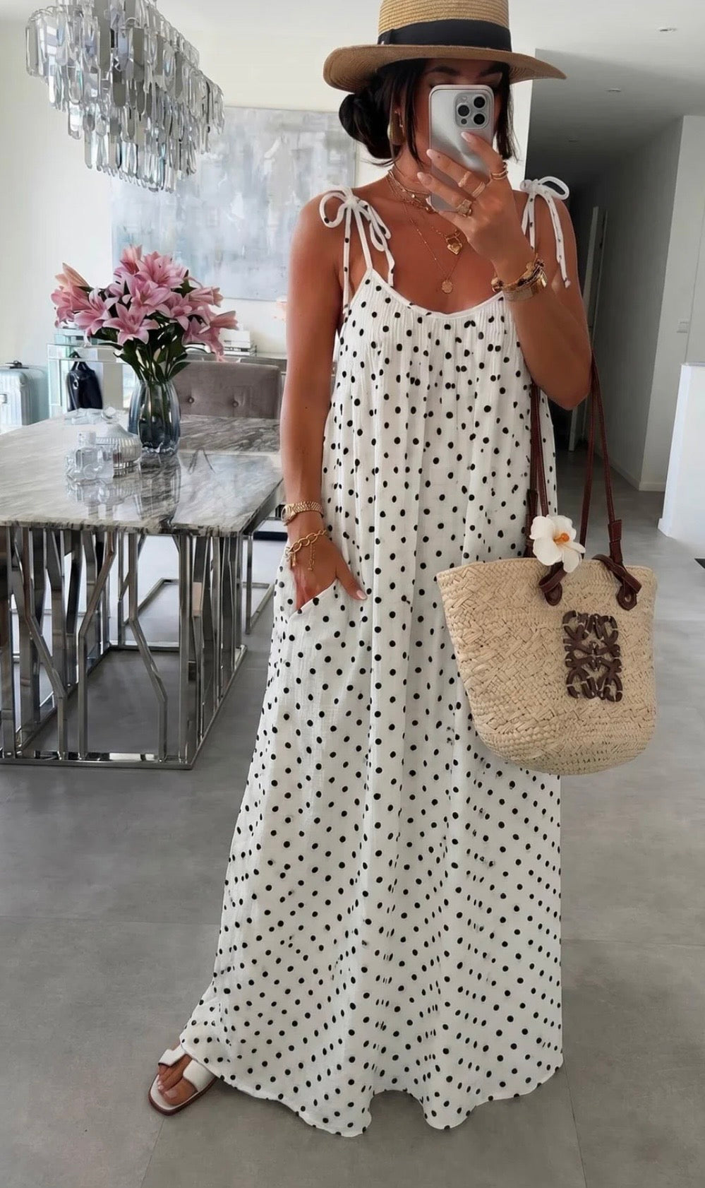 Polka Dot Pocket Tie-Up Maxi Dress - Ivory