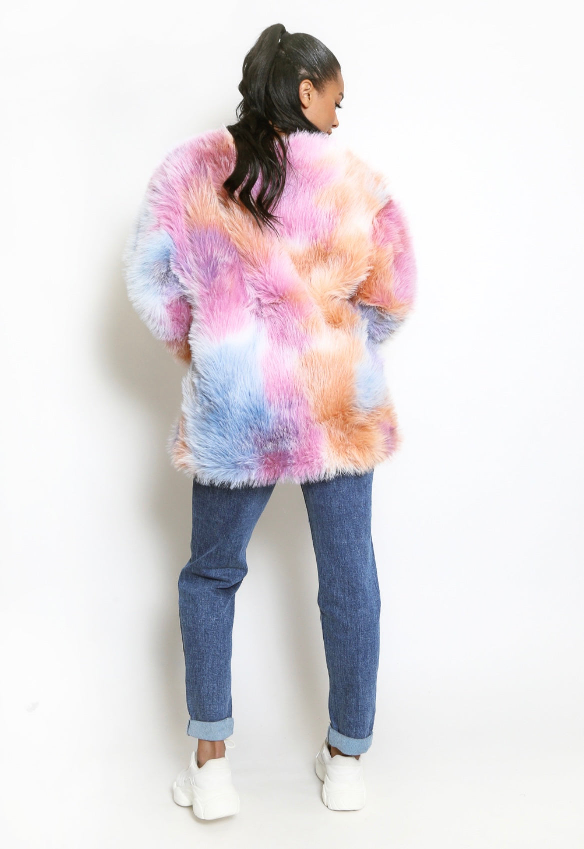 Pink Multicoloured Faux Fur Coat