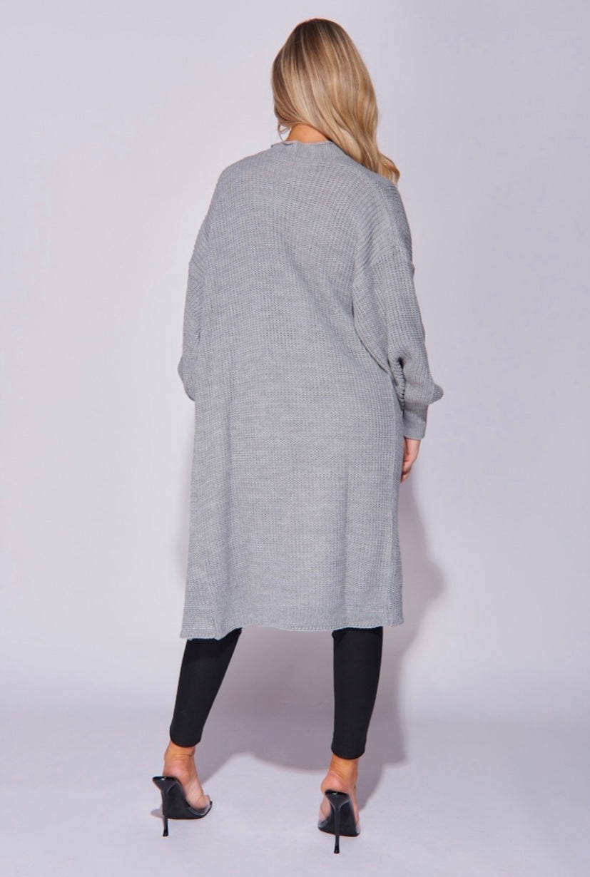Grey Chunky Knit Patch Pocket Maxi Cardigan