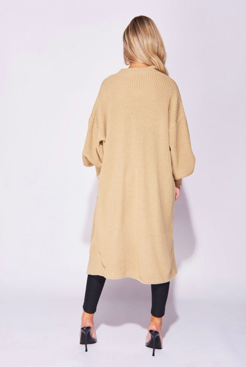 Beige Chunky Knit Patch Pocket Maxi Cardigan