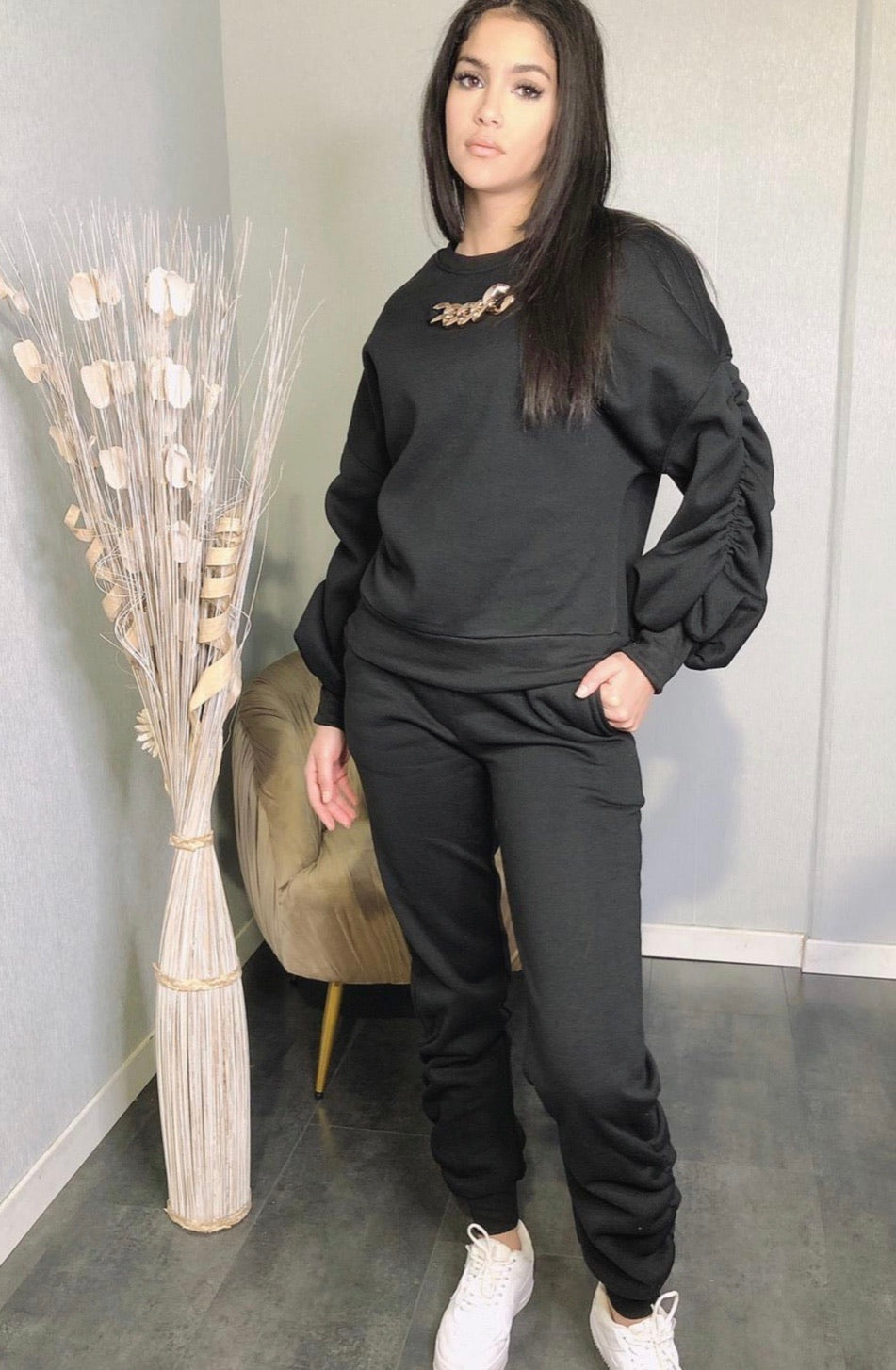 Black Chain Design Ruched Lounge Set