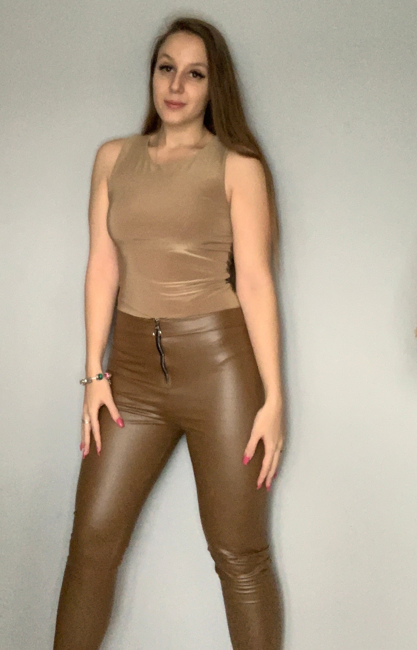 Mocha Zip Front Faux Leather Leggings