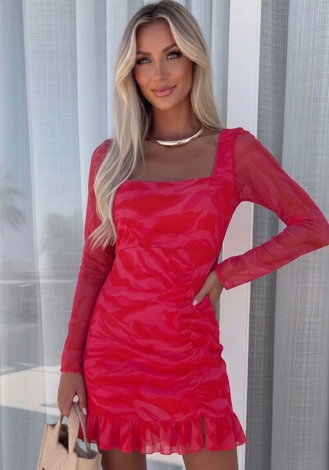 Ruched sheer Mesh Long Sleeve Dress