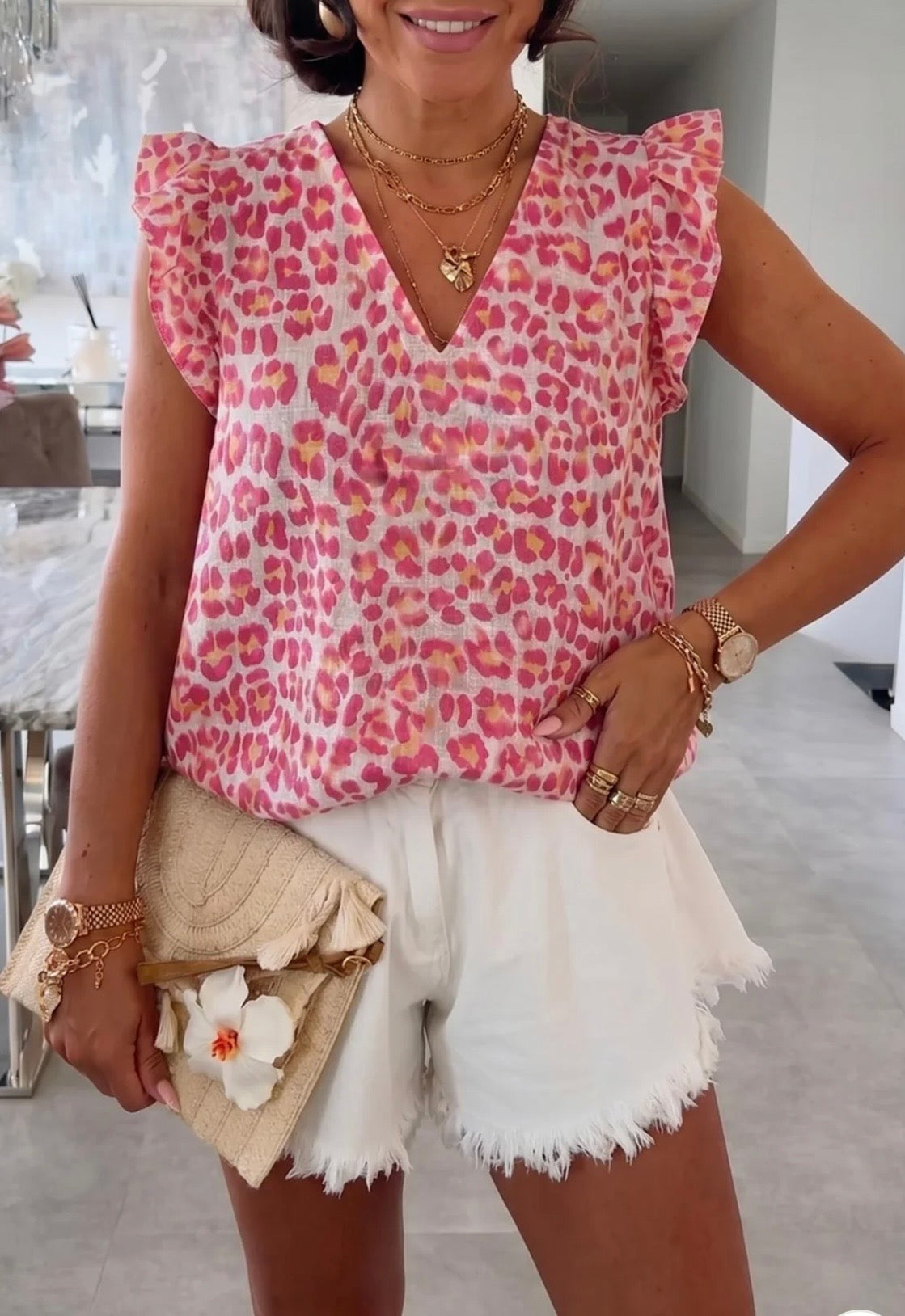 Frill Sleeve Leopard Cotton Top