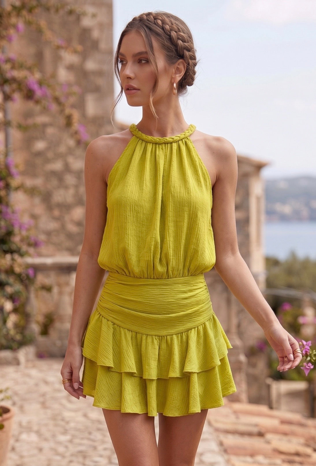 Halter Neck Cheese Cloth Playsuit - Mustard