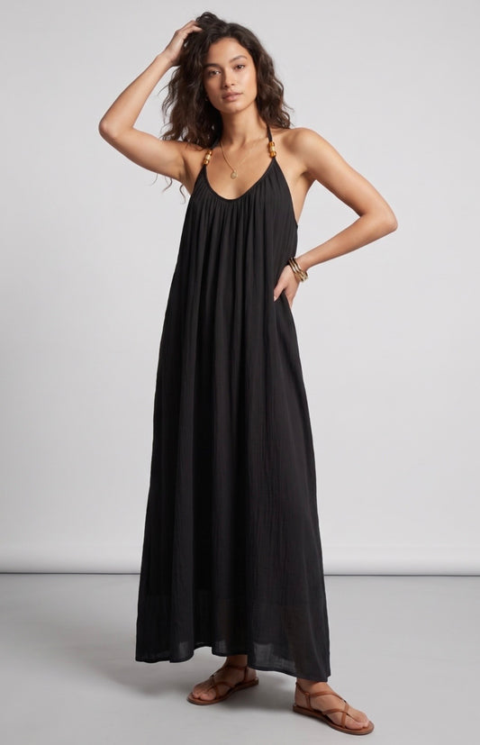 Beaded Halter Maxi Dress - Black