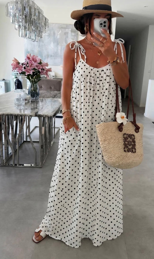 Polka Dot Pocket Tie-Up Maxi Dress - Ivory