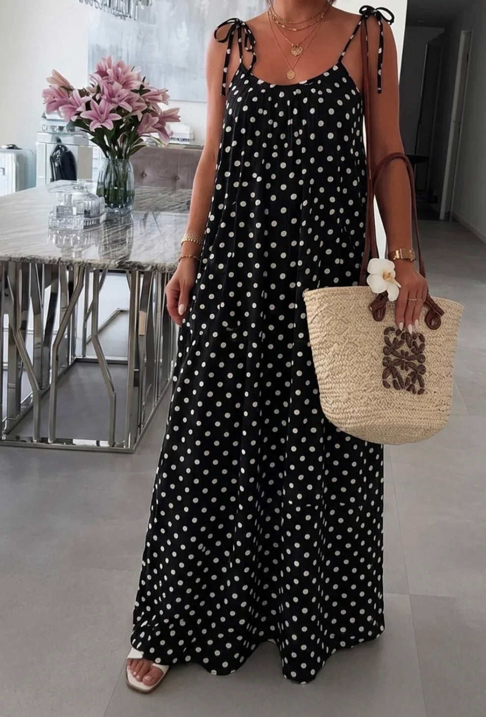 Polka Dot Pocket Tie-Up Maxi Dress - Black