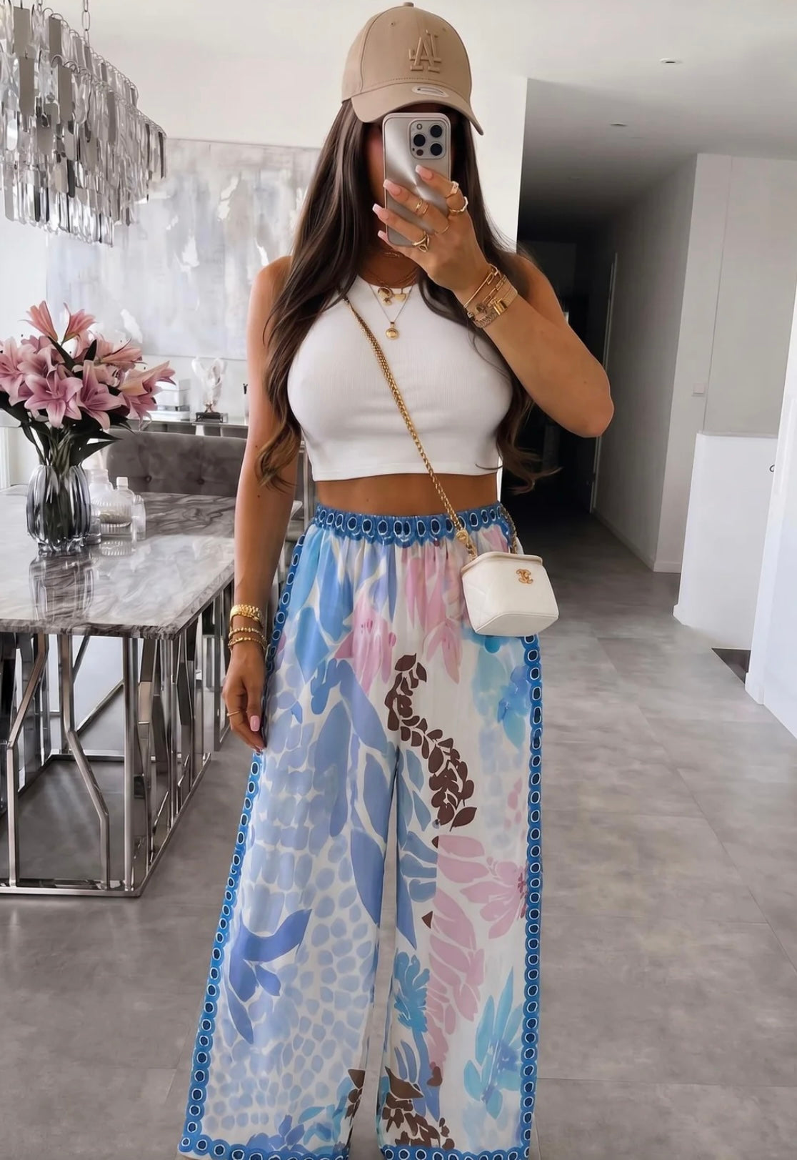 Tropical Satin Style Wide Leg Trousers - Blue