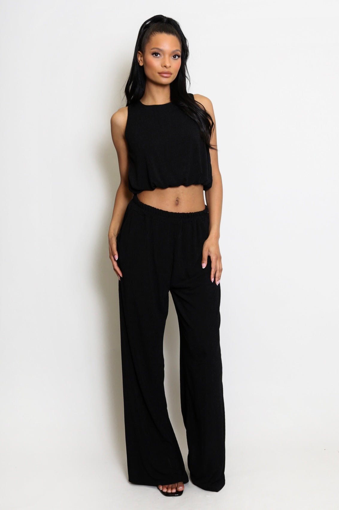 Plisse Sleeveless Top And Trouser Set