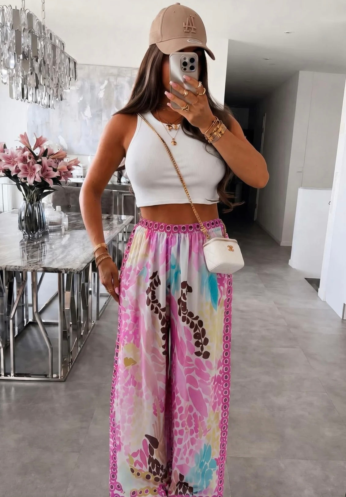 Tropical Satin Style Wide Leg Trousers - Pink
