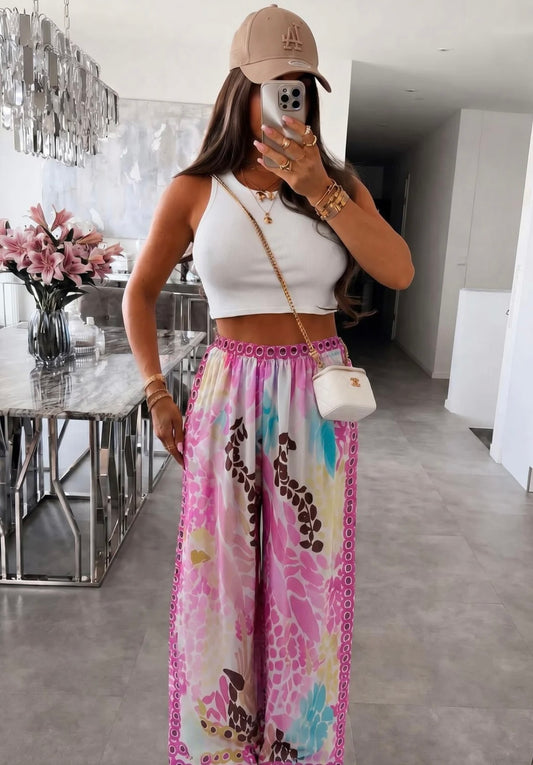 Tropical Satin Style Wide Leg Trousers - Pink
