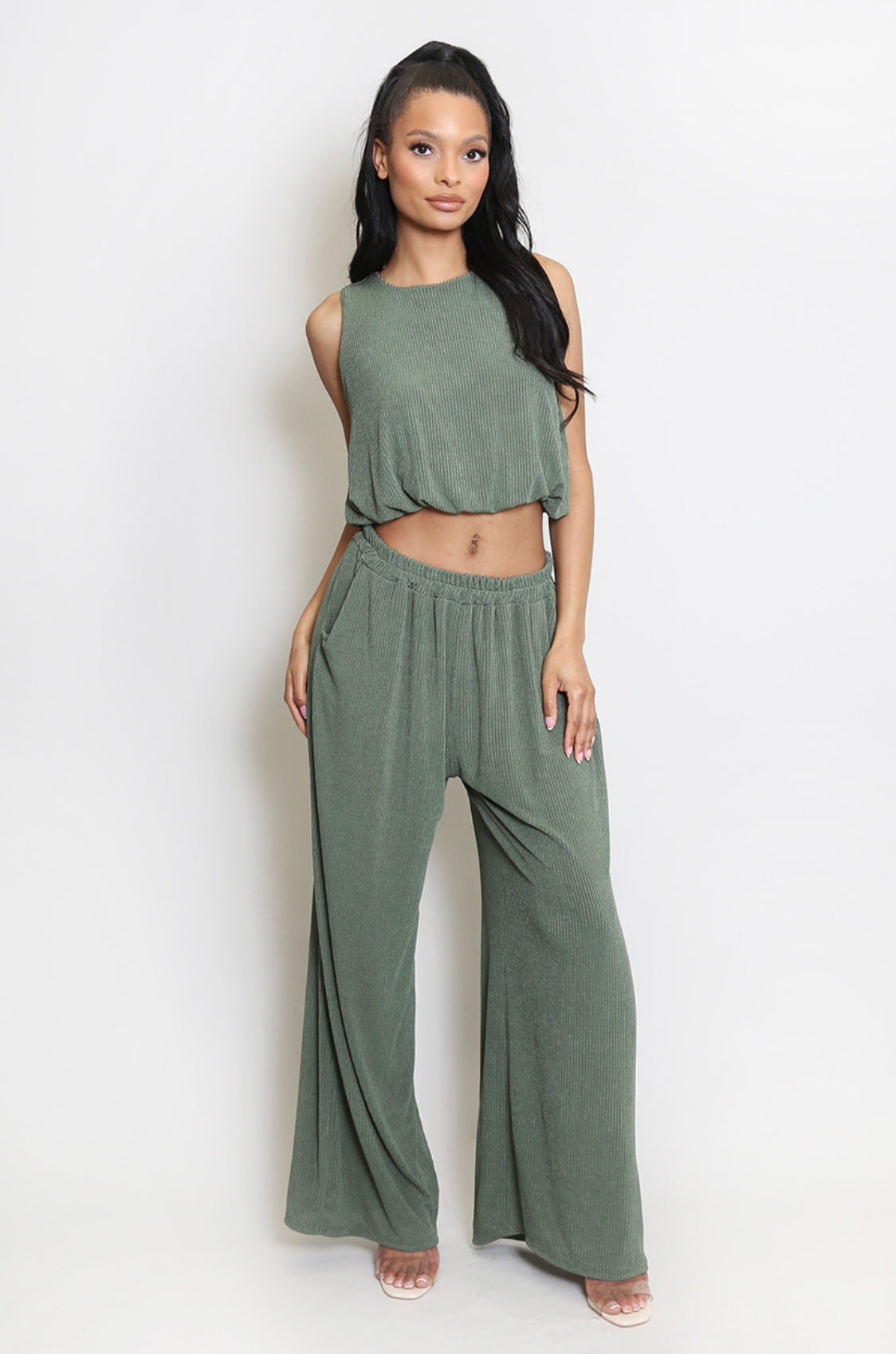 Plisse Sleeveless Top And Trouser Set