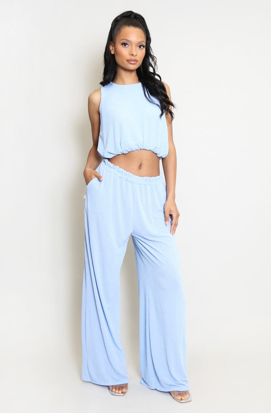 Plisse Sleeveless Top And Trouser Set