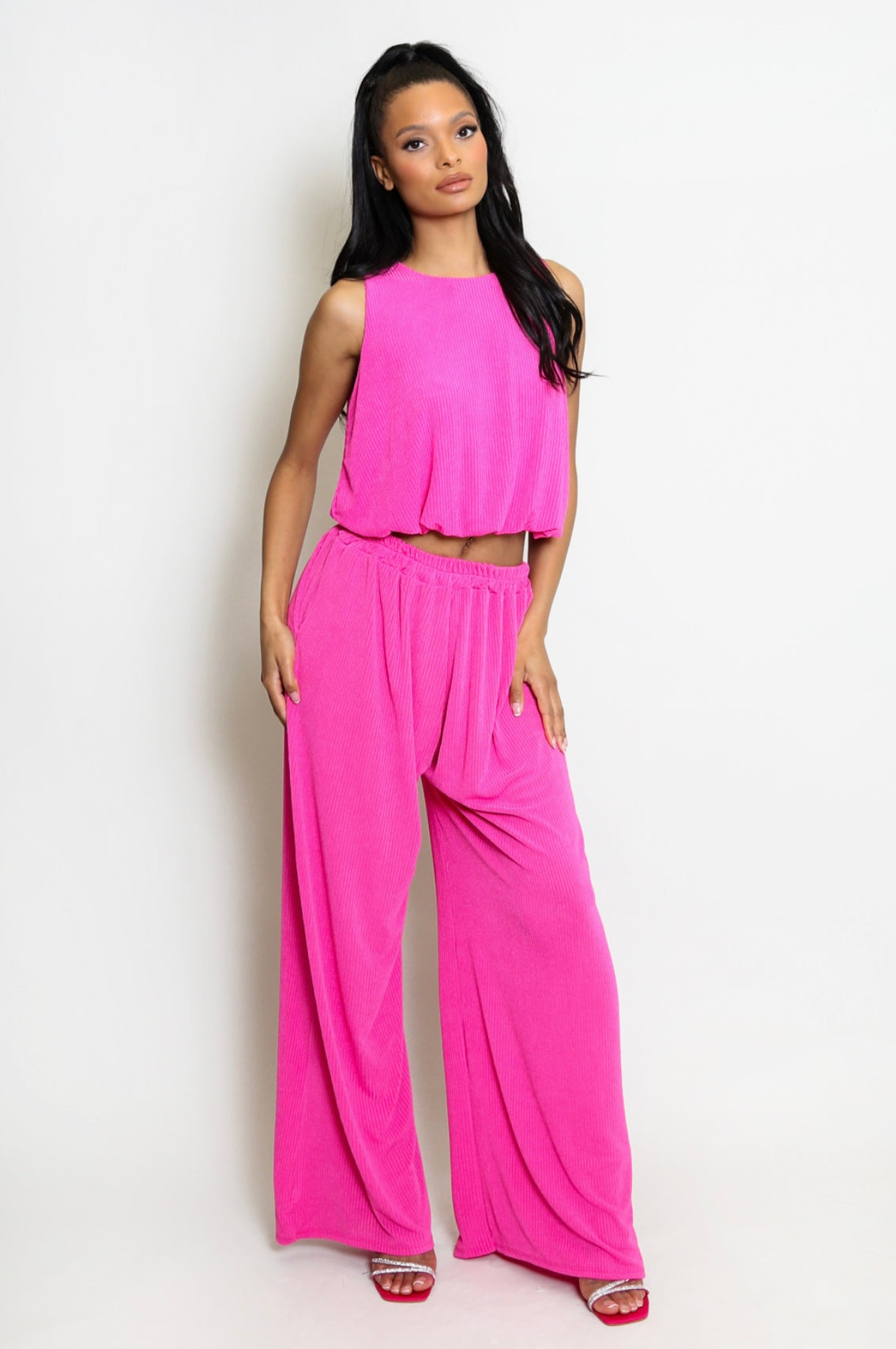 Plisse Sleeveless Top And Trouser Set