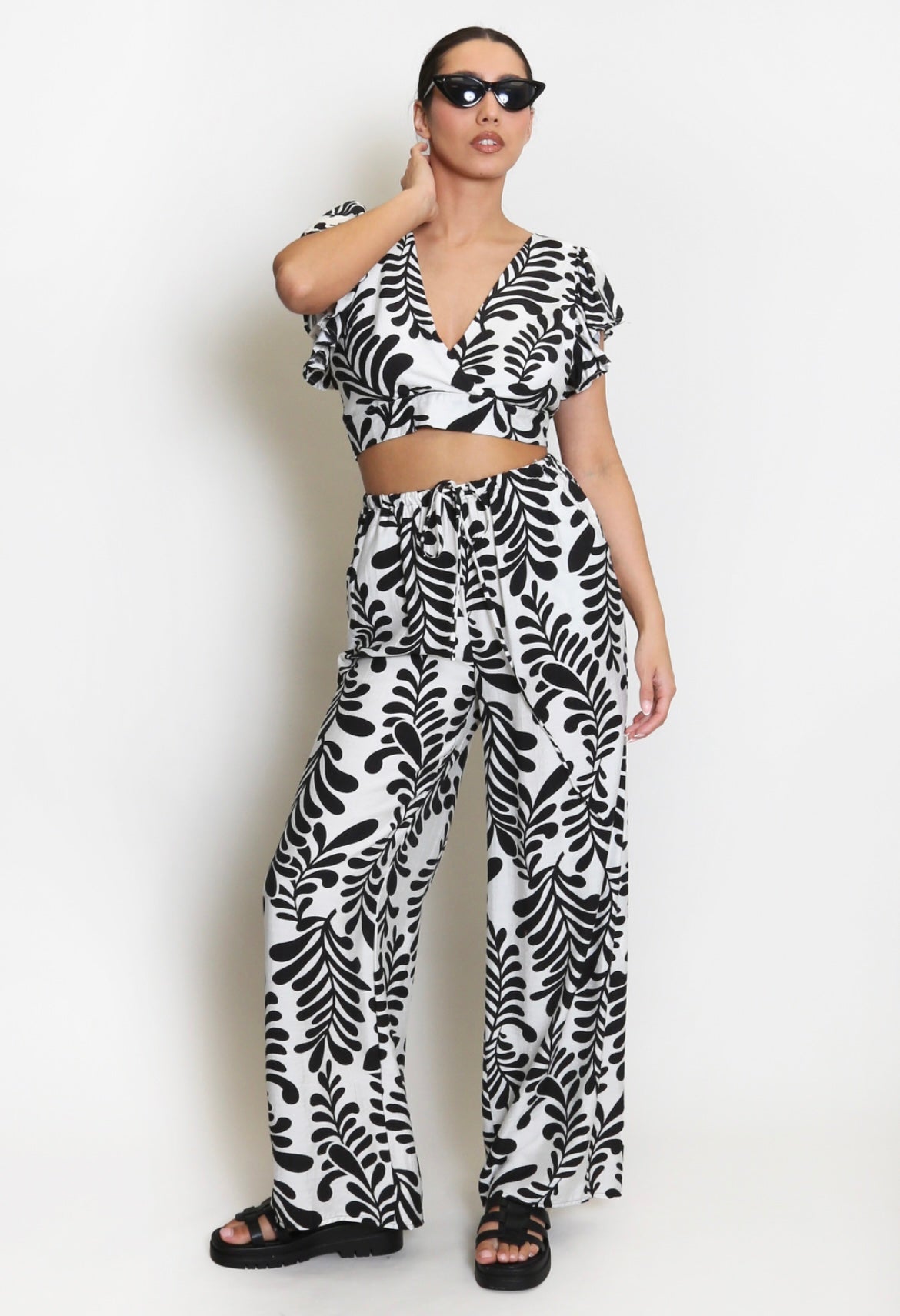 Leaf Print Open Back Blouse And Wide Leg Trouser Set