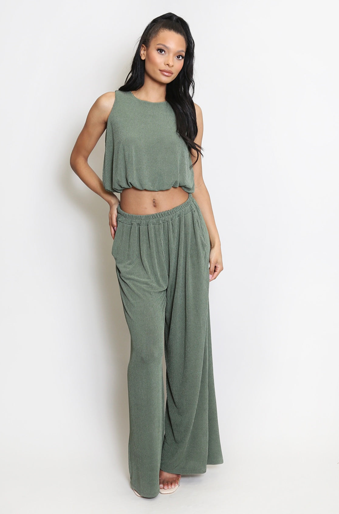 Plisse Sleeveless Top And Trouser Set