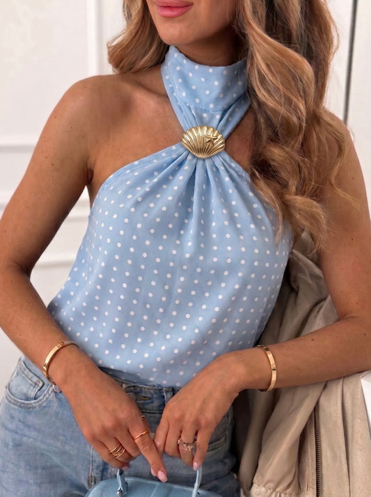 Polka Dot Shell Embellished Halter Top - Blue