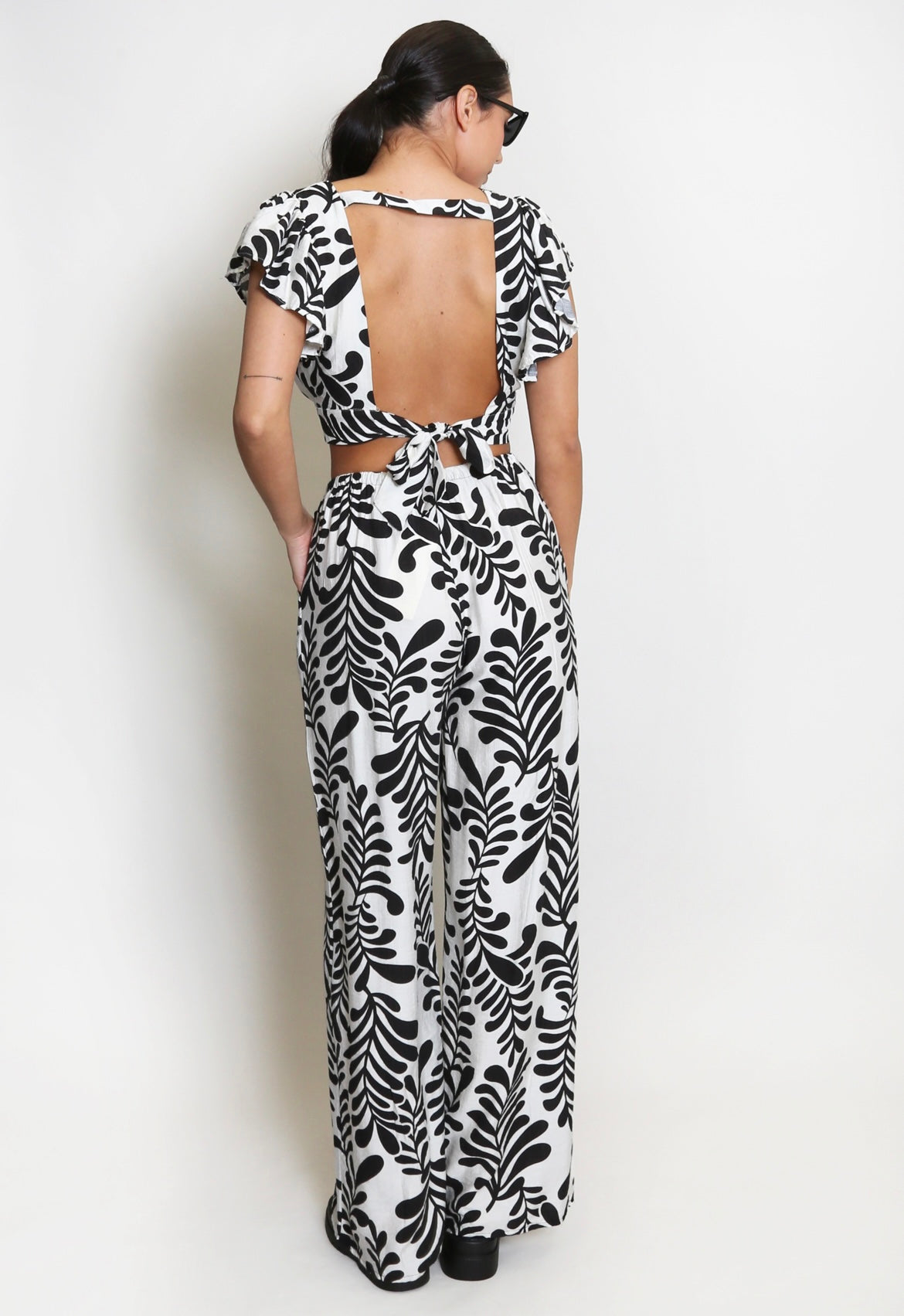 Leaf Print Open Back Blouse And Wide Leg Trouser Set