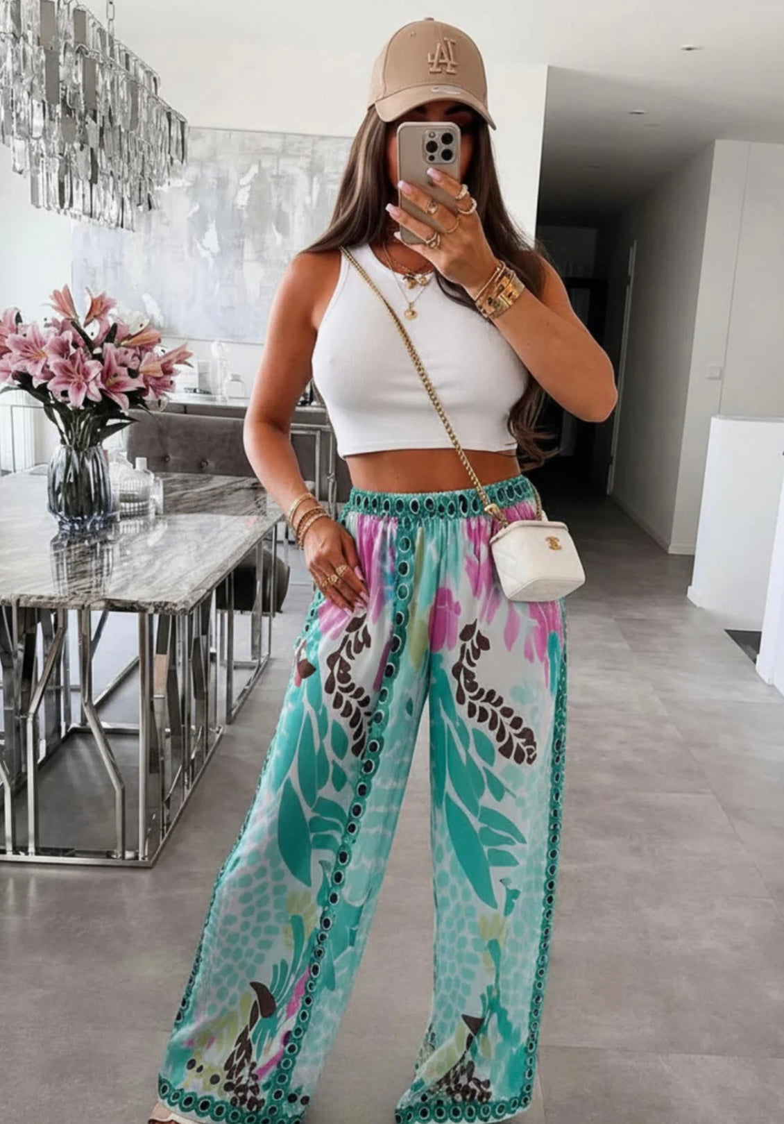 Tropical Satin Style Wide Leg Trousers - Green