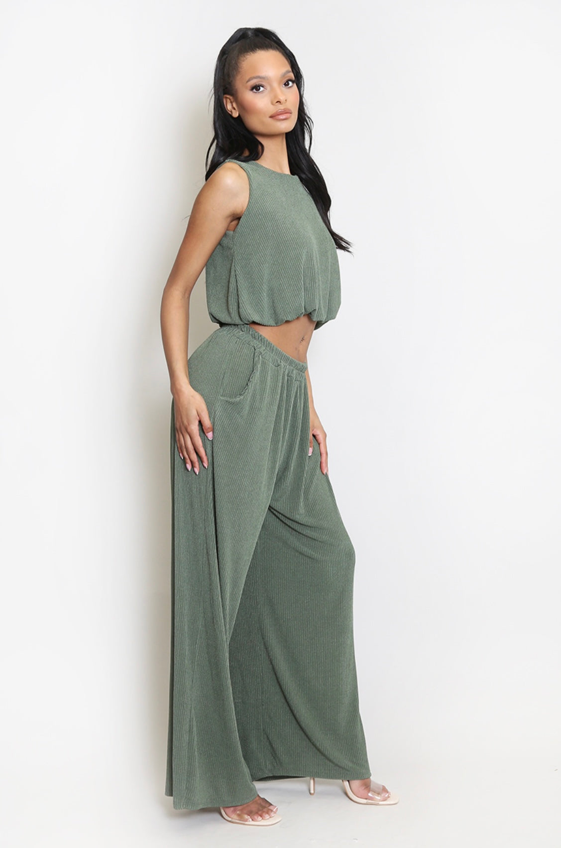 Plisse Sleeveless Top And Trouser Set