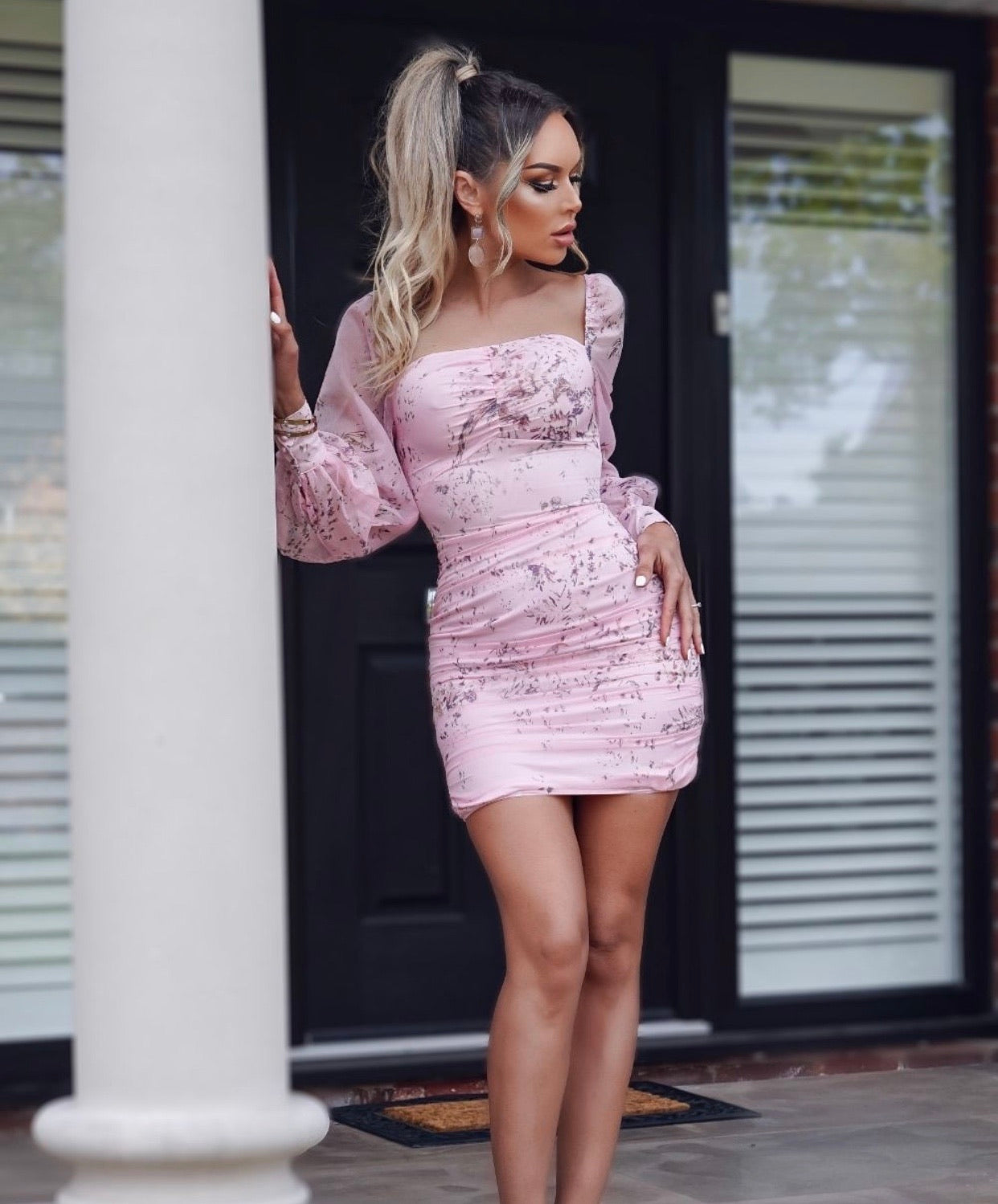 POPPY Pink Floral Ruched Front Puff Sleeve Mini Dress