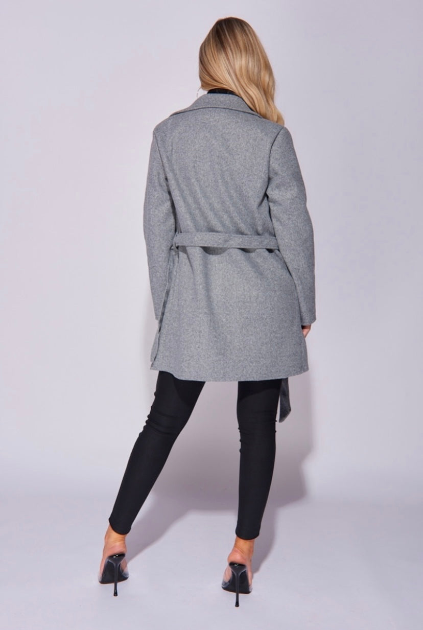 Grey Belted Wool Look Coat