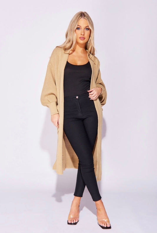 Beige Chunky Knit Patch Pocket Maxi Cardigan
