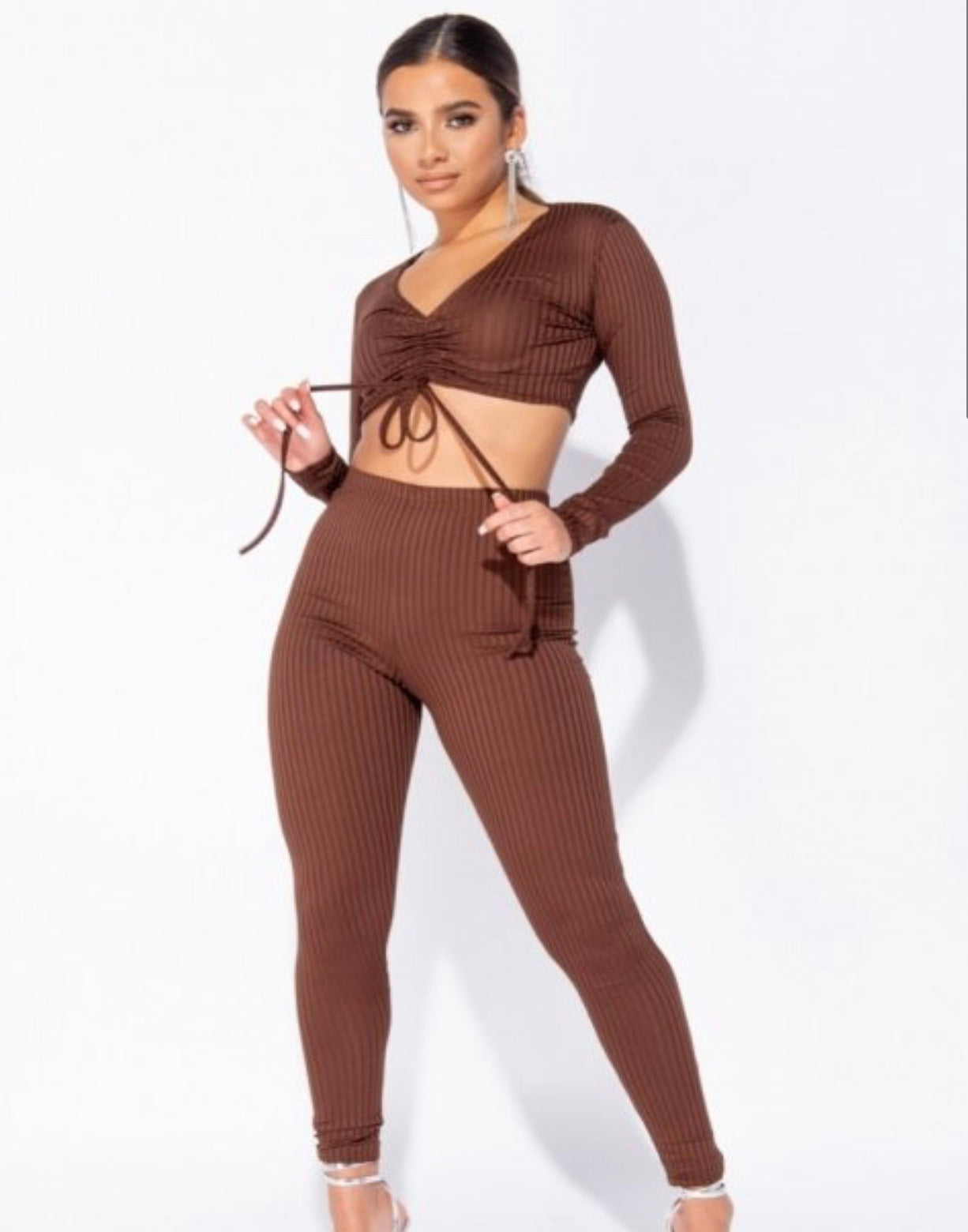 Brown Rib Knit Ruched Crop Top Lounge Set