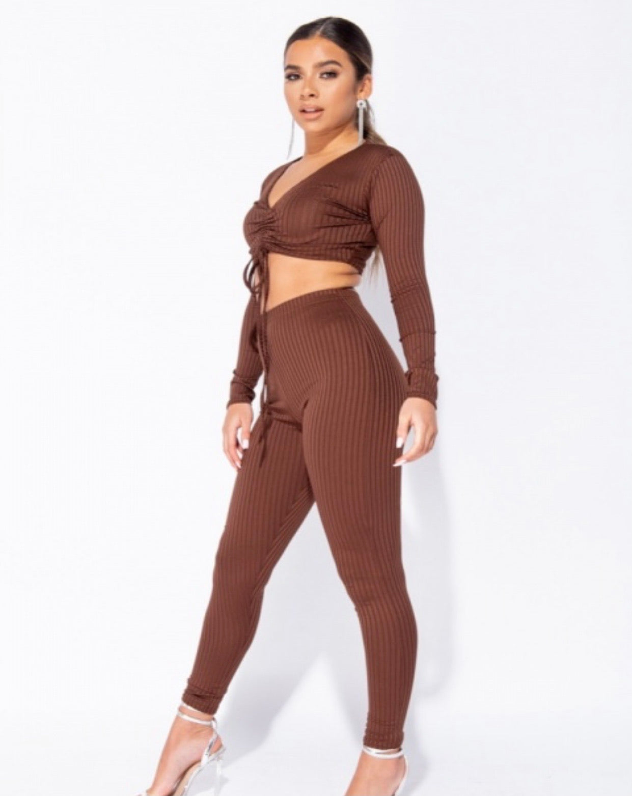 Brown Rib Knit Ruched Crop Top Lounge Set